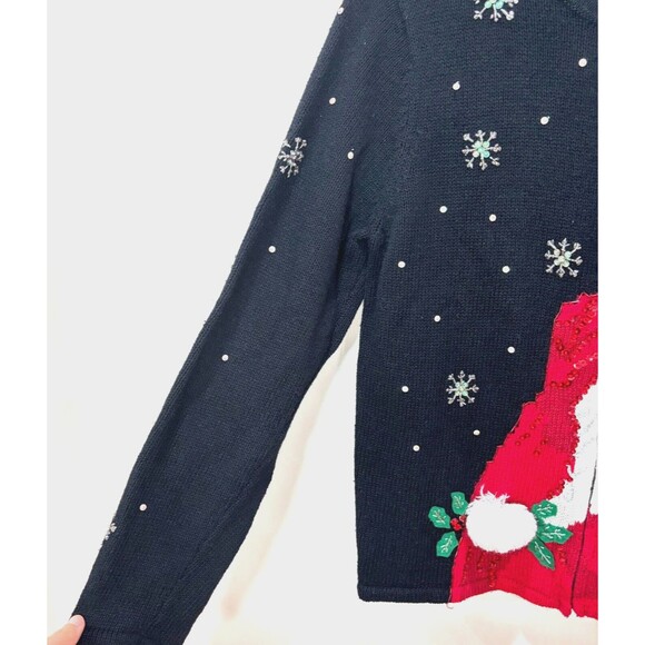 VTG Ugly Black Christmas Sweater Cardigan L Santa 3D Beads Snowflake Tacky - Picture 2 of 11